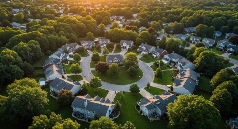 Aerial drone photo of a Long Island cul-de-sac neighborhood at golden hour