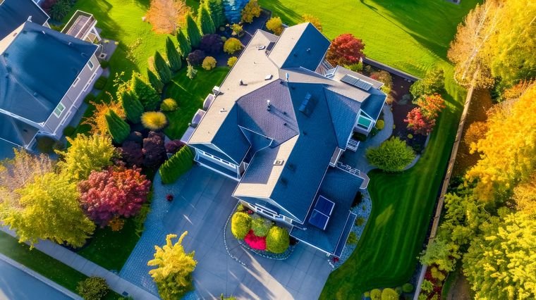 Aerial drone photo of a Nassau County home surrounded by fall foliage