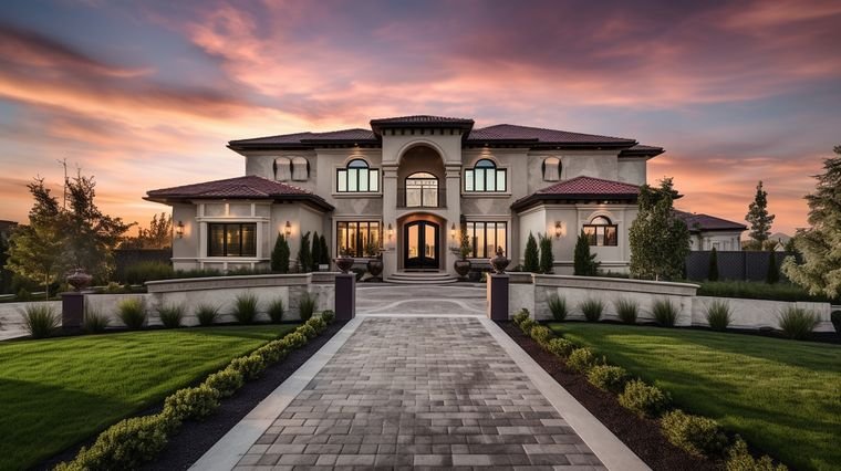 Sunset real estate photo of a luxury Mediterranean-style home exterior