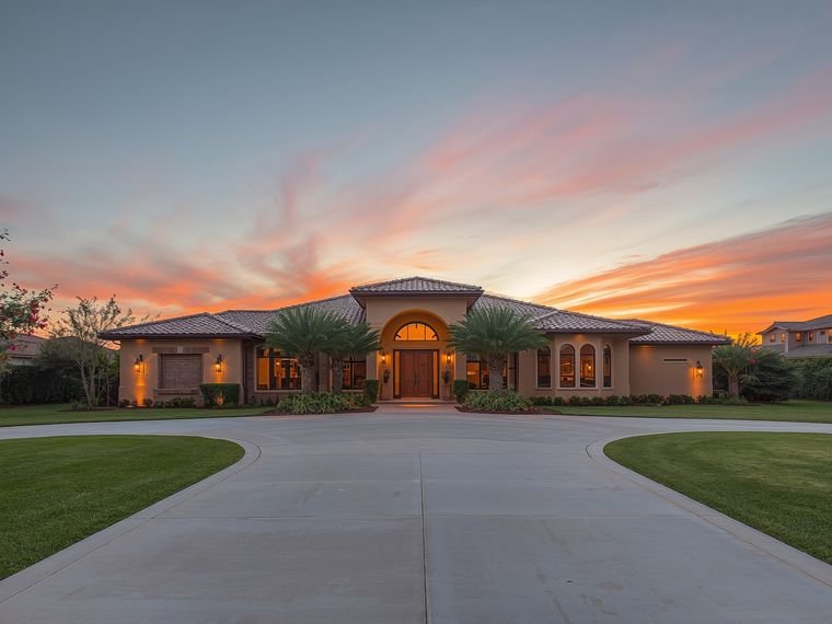 Twilight exterior photo of a Nassau County ranch-style home with palm landscaping