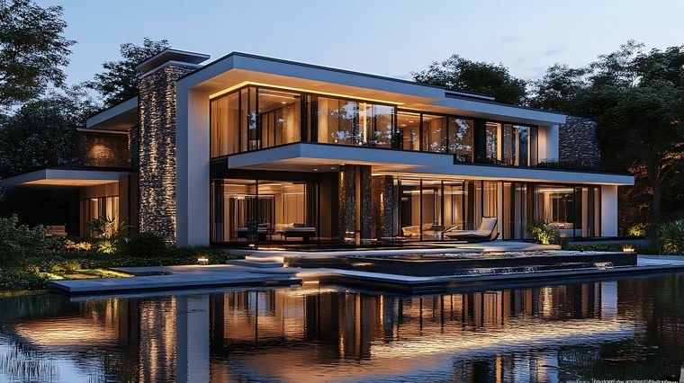 Twilight real estate photo of a modern home exterior with reflecting pool